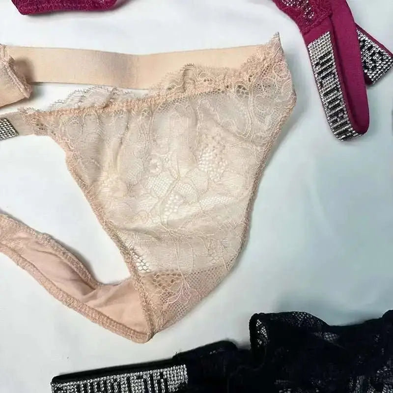 Classic Sheer Lace VS Women's Panties Patterned Fashionable No Show Antibacterial Soft with Rhinestones Women's Underwear Thong - The Lady's Haven