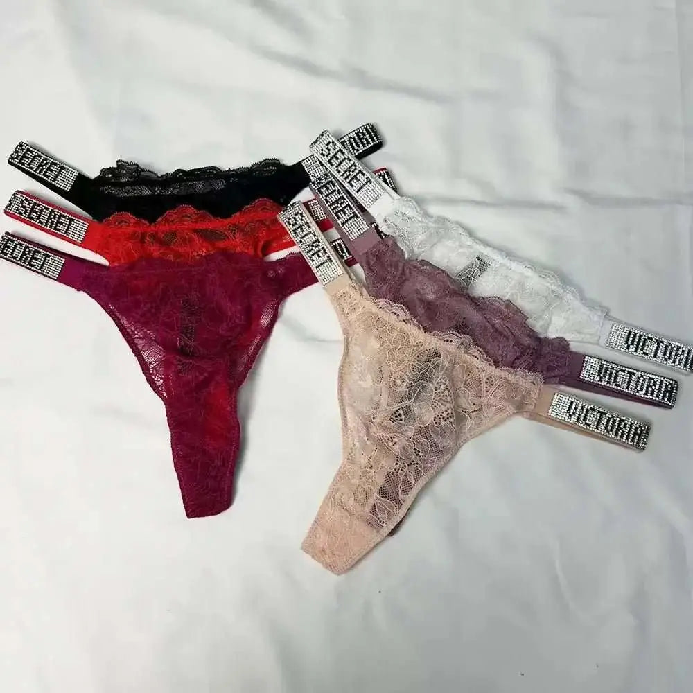 Classic Sheer Lace VS Women's Panties Patterned Fashionable No Show Antibacterial Soft with Rhinestones Women's Underwear Thong - The Lady's Haven