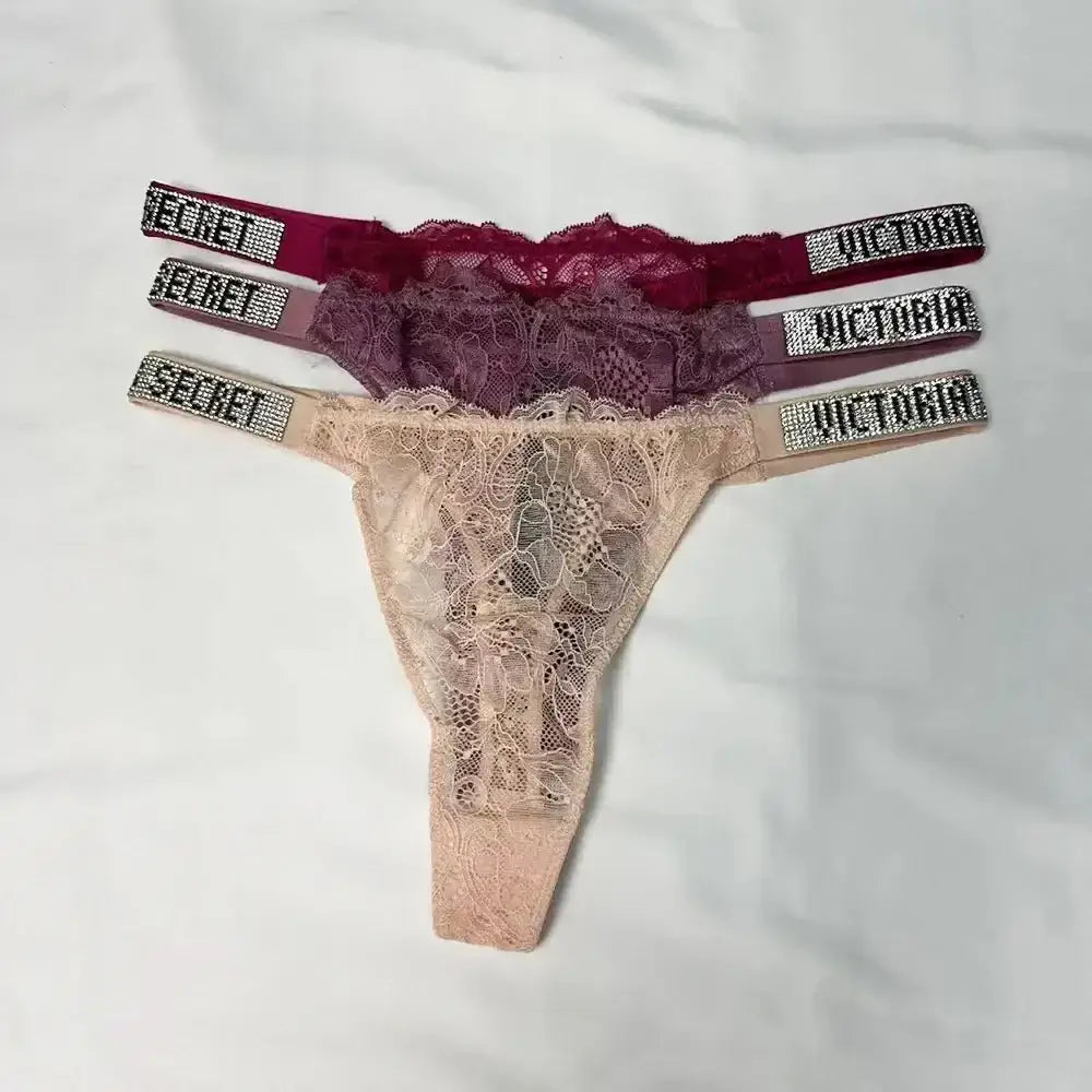 Classic Sheer Lace VS Women's Panties Patterned Fashionable No Show Antibacterial Soft with Rhinestones Women's Underwear Thong - The Lady's Haven