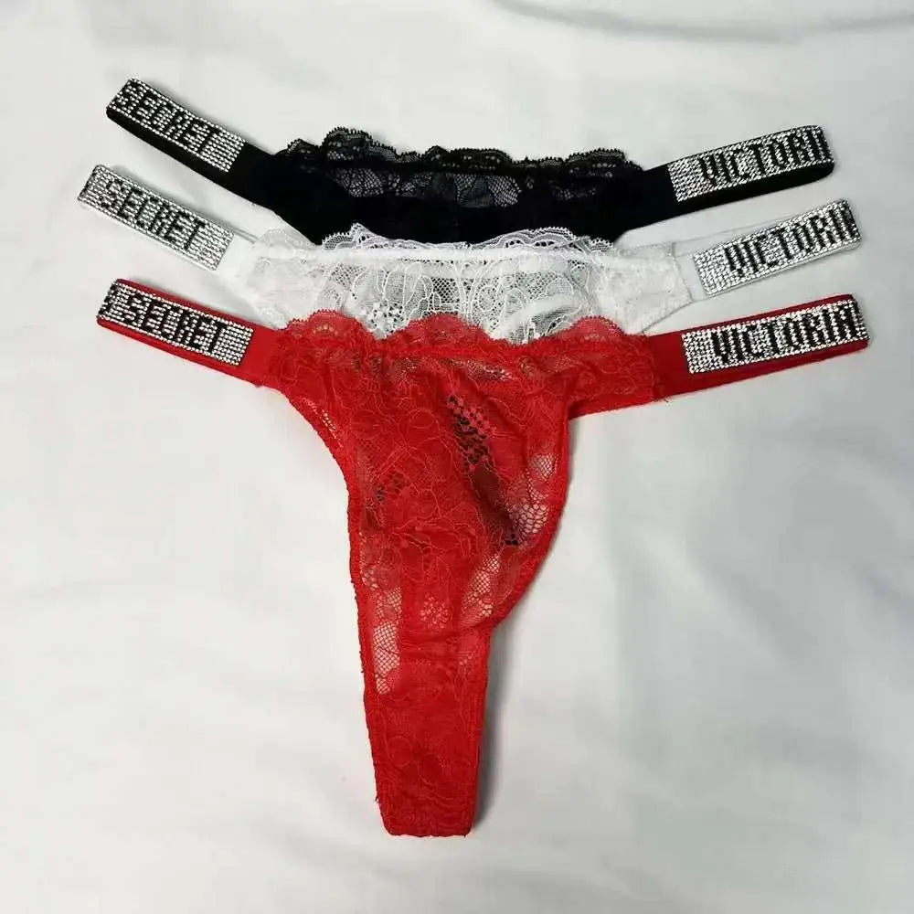 Classic Sheer Lace VS Women's Panties Patterned Fashionable No Show Antibacterial Soft with Rhinestones Women's Underwear Thong - The Lady's Haven