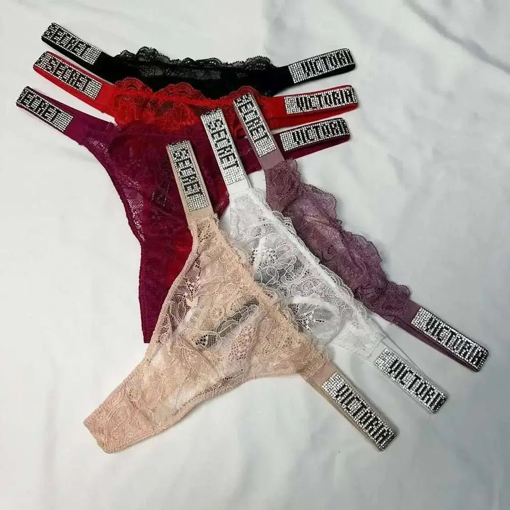Classic Sheer Lace VS Women's Panties Patterned Fashionable No Show Antibacterial Soft with Rhinestones Women's Underwear Thong - The Lady's Haven