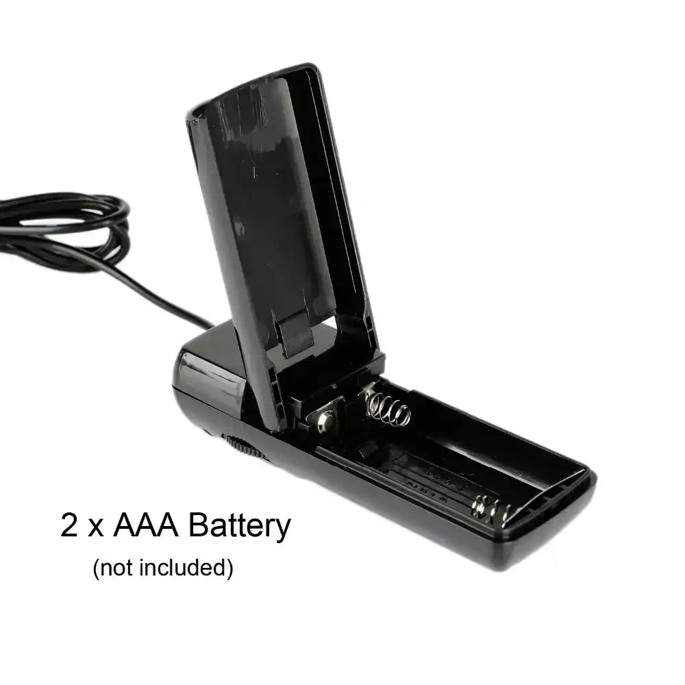 Open black vibrator showing AAA battery compartment, batteries not included.