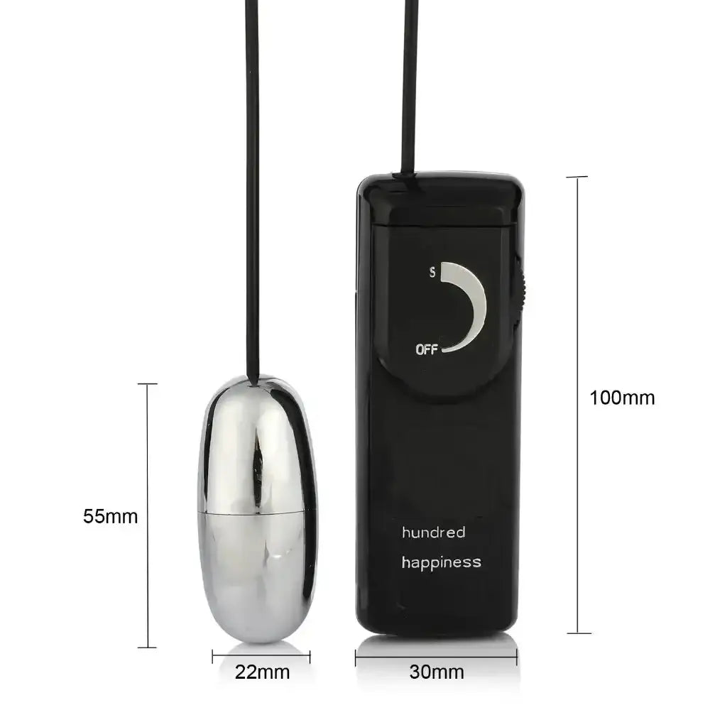 Silver vibrating bullet with controller for clitoral and nipple stimulation, shown with dimension markings.