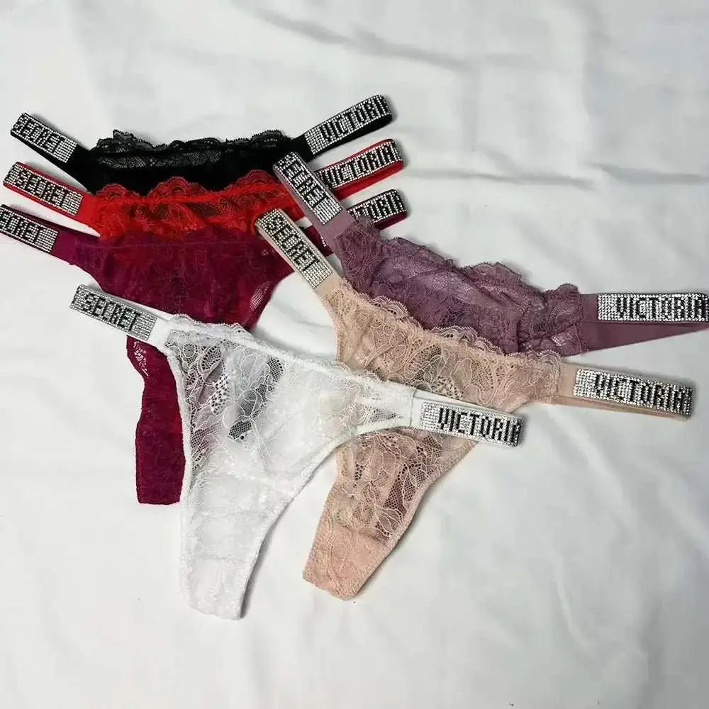 Classic Sheer Lace VS Women's Panties Patterned Fashionable No Show Antibacterial Soft with Rhinestones Women's Underwear Thong - The Lady's Haven
